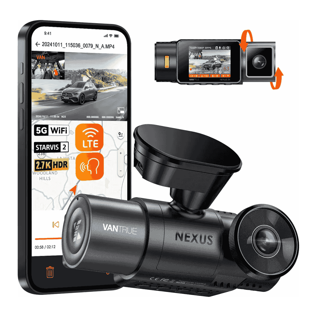 Vantrue N2X front and cabin camera with illustrative phone and optional LTE icon