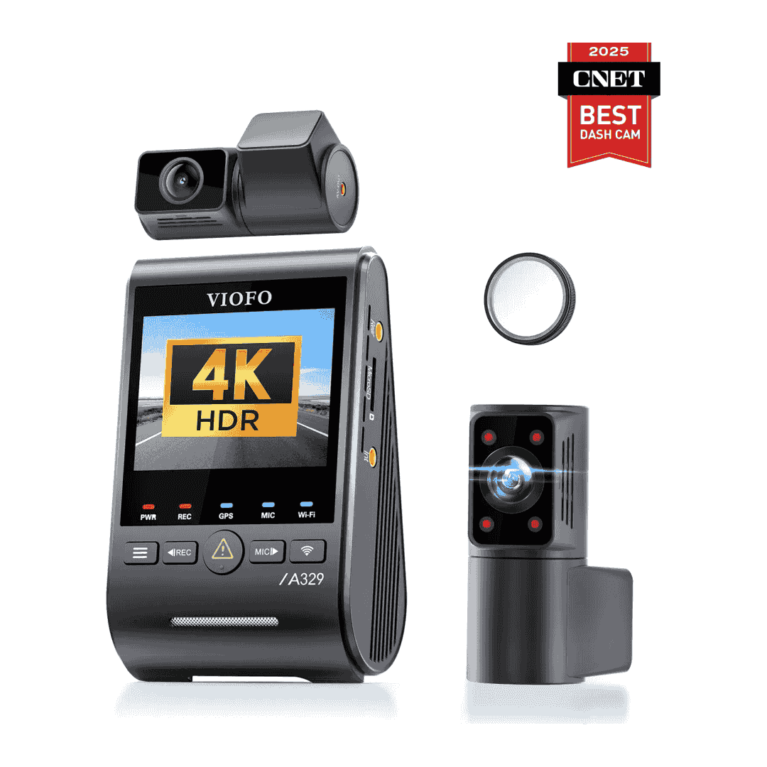 VIOFO A329S 3CH front, rear and cabin cameras with front polarizer and manufacturer promotional badge